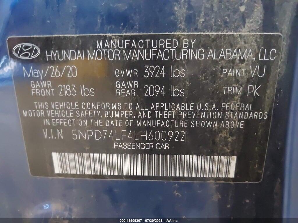 5NPD74LF4LH600922 2020 HYUNDAI ELANTRA photo no. 9