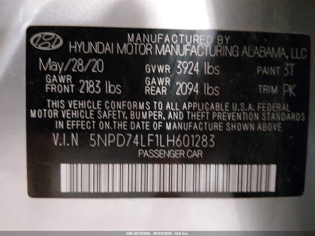 5NPD74LF1LH601283 2020 HYUNDAI ELANTRA photo no. 9