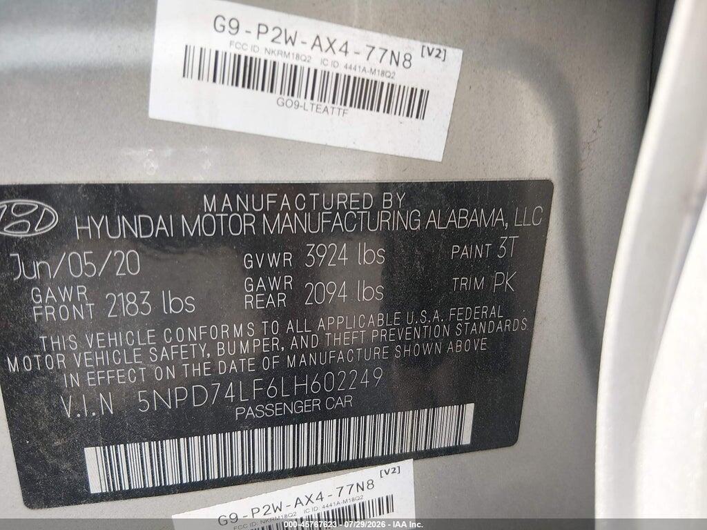 5NPD74LF6LH602249 2020 HYUNDAI ELANTRA photo no. 9