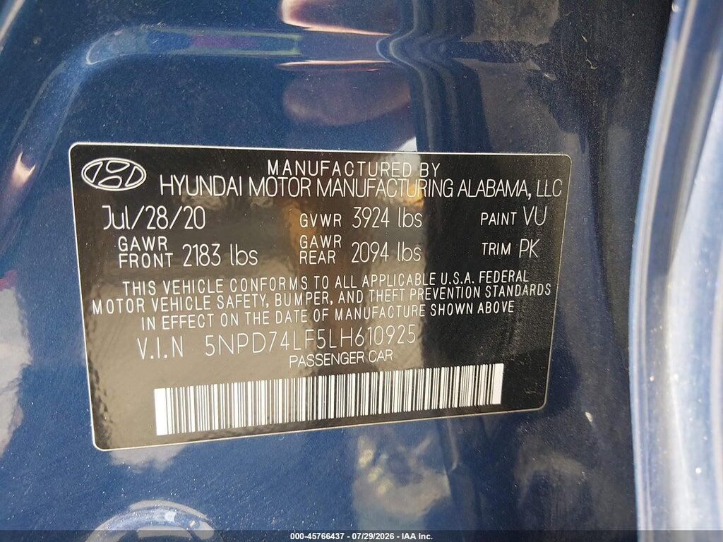 5NPD74LF5LH610925 2020 HYUNDAI ELANTRA photo no. 9