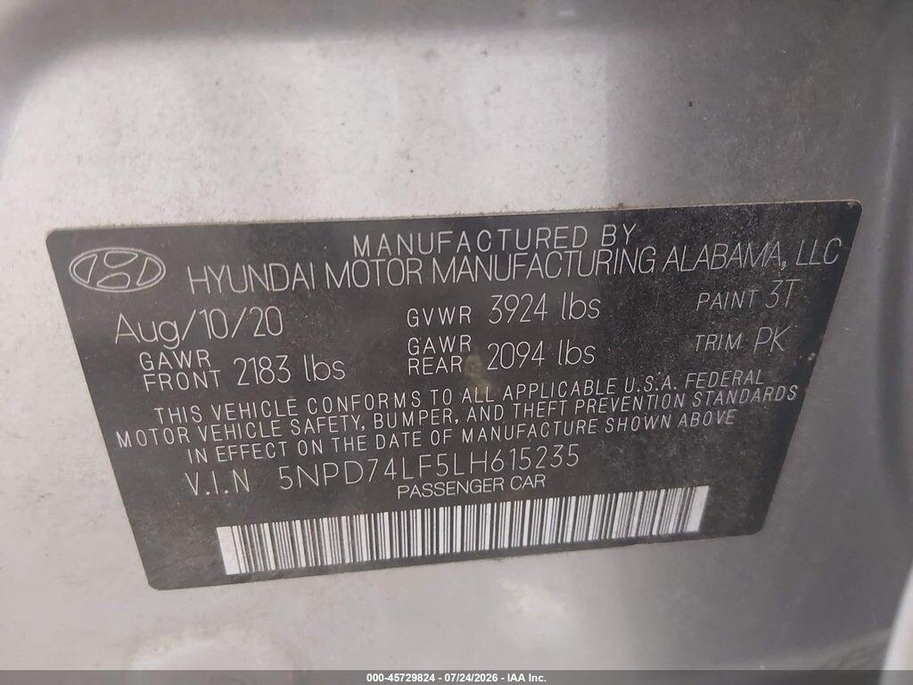 5NPD74LF5LH615235 2020 HYUNDAI ELANTRA photo no. 9