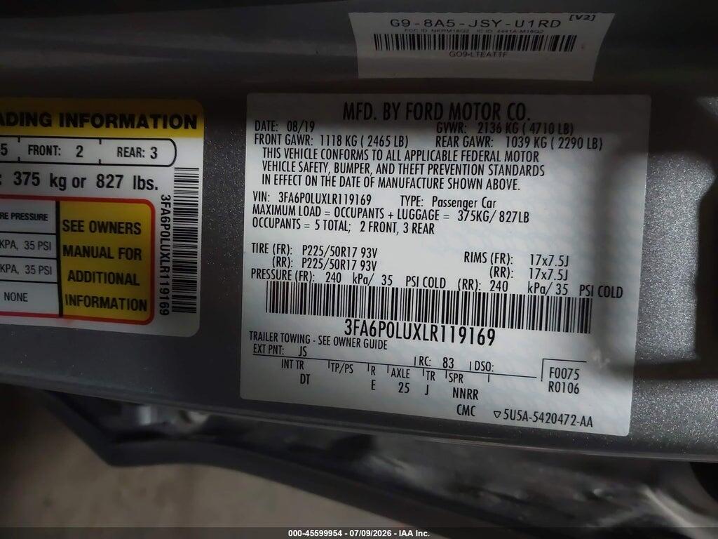 3FA6P0LUXLR119169 2020 FORD FUSION photo no. 9