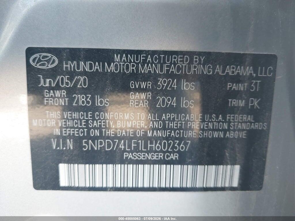 5NPD74LF1LH602367 2020 HYUNDAI ELANTRA photo no. 9
