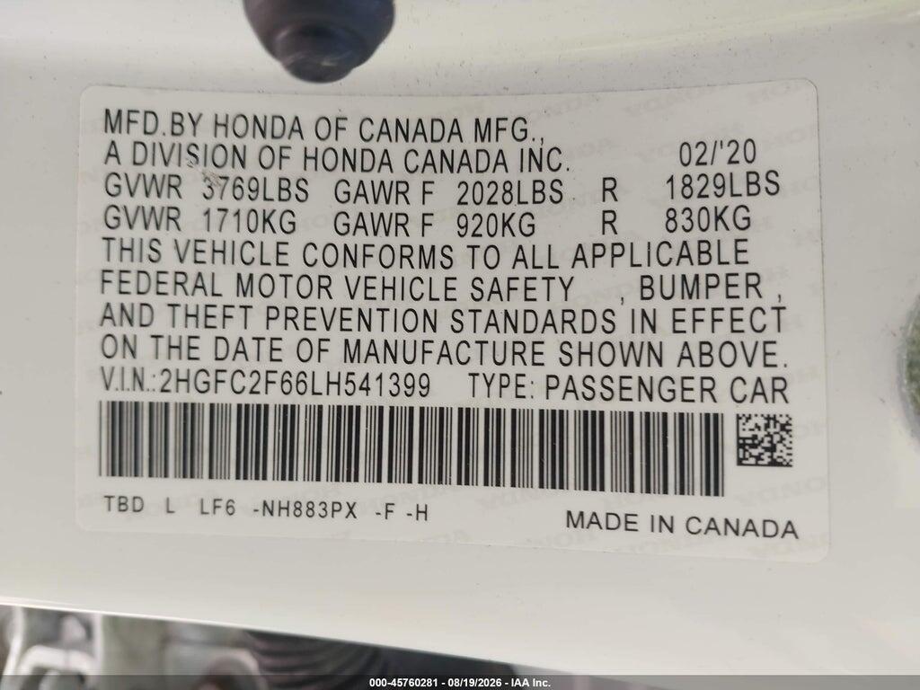 2HGFC2F66LH541399 2020 HONDA CIVIC photo no. 9