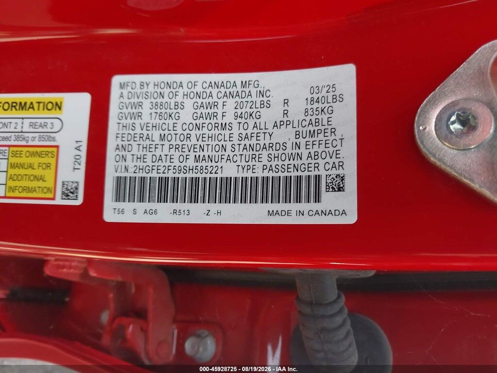 2HGFE2F59SH585221 2025 HONDA CIVIC photo no. 9