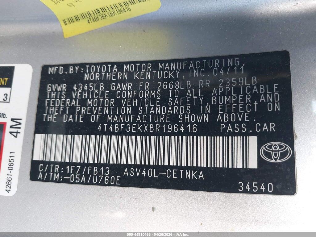 4T4BF3EKXBR196416 2011 TOYOTA CAMRY photo no. 9