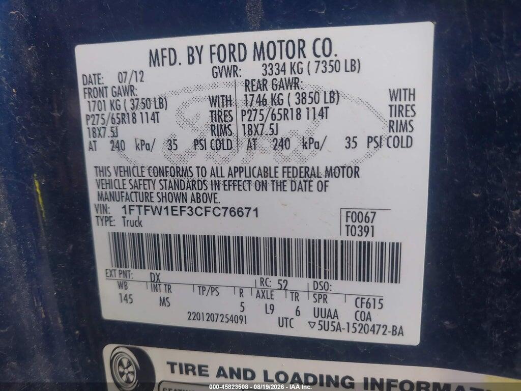1FTFW1EF3CFC76671 2012 FORD F-150 photo no. 9