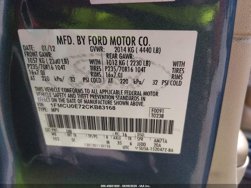 1FMCU0E72CKB83168 2012 FORD ESCAPE photo no. 9