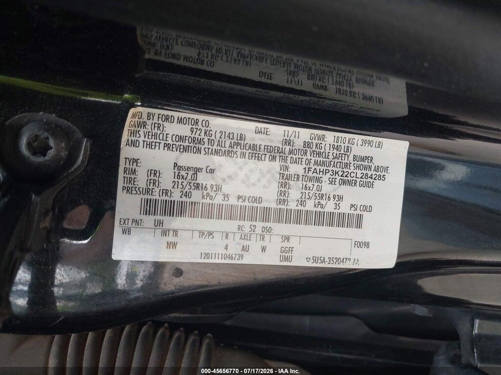 1FAHP3K22CL284285 2012 FORD FOCUS photo no. 9