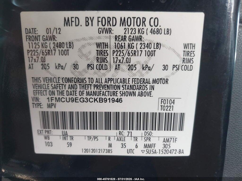 1FMCU9EG3CKB91946 2012 FORD ESCAPE photo no. 9