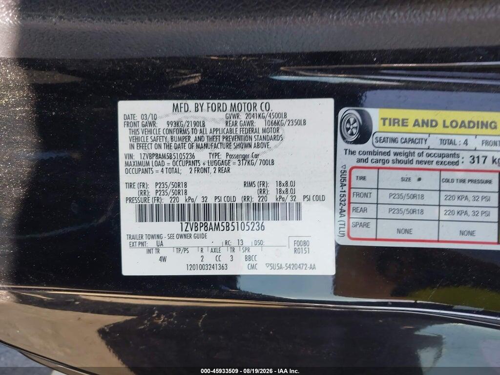 1ZVBP8AM5B5105236 2011 FORD MUSTANG photo no. 9