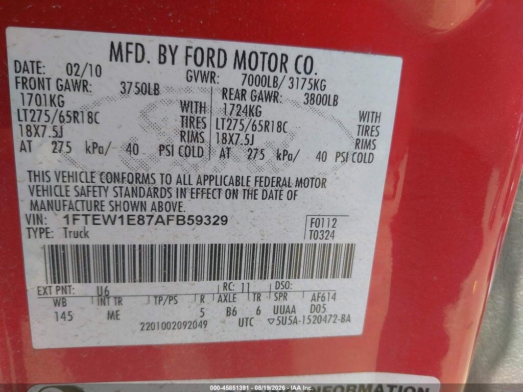 1FTEW1E87AFB59329 2010 FORD F-150 photo no. 9