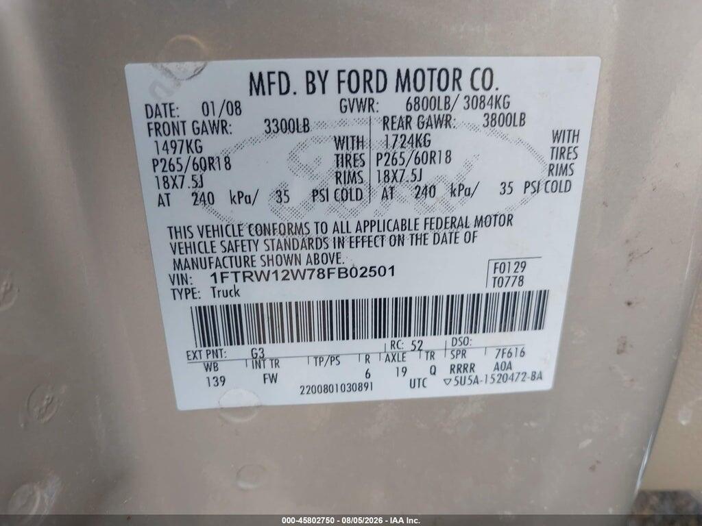 1FTRW12W78FB02501 2008 FORD F-150 photo no. 9