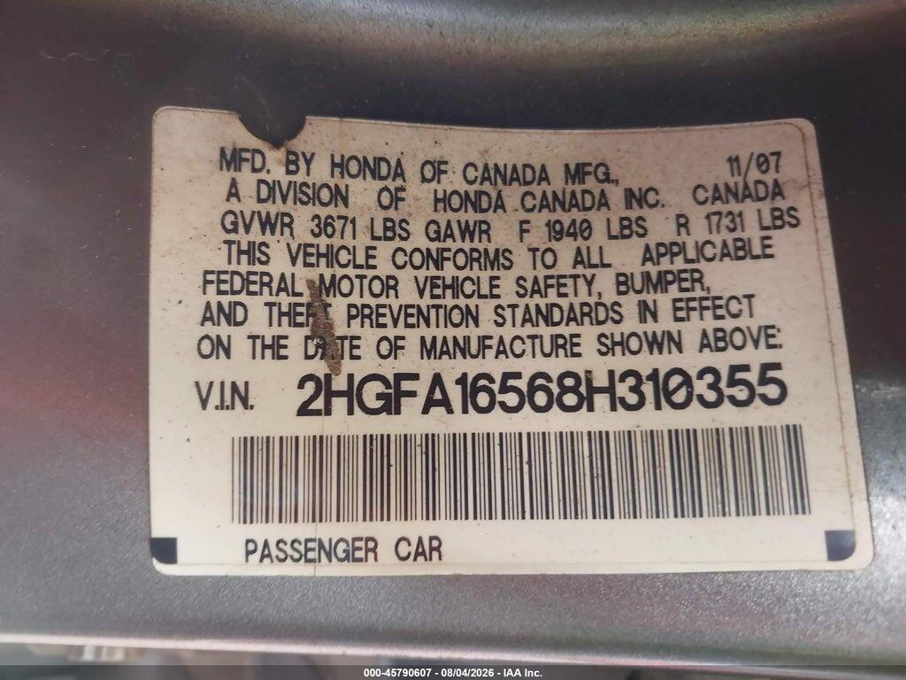 2HGFA16568H310355 2008 HONDA CIVIC photo no. 9