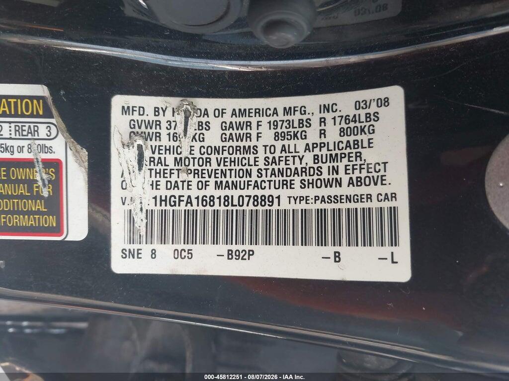1HGFA16818L078891 2008 HONDA CIVIC photo no. 9