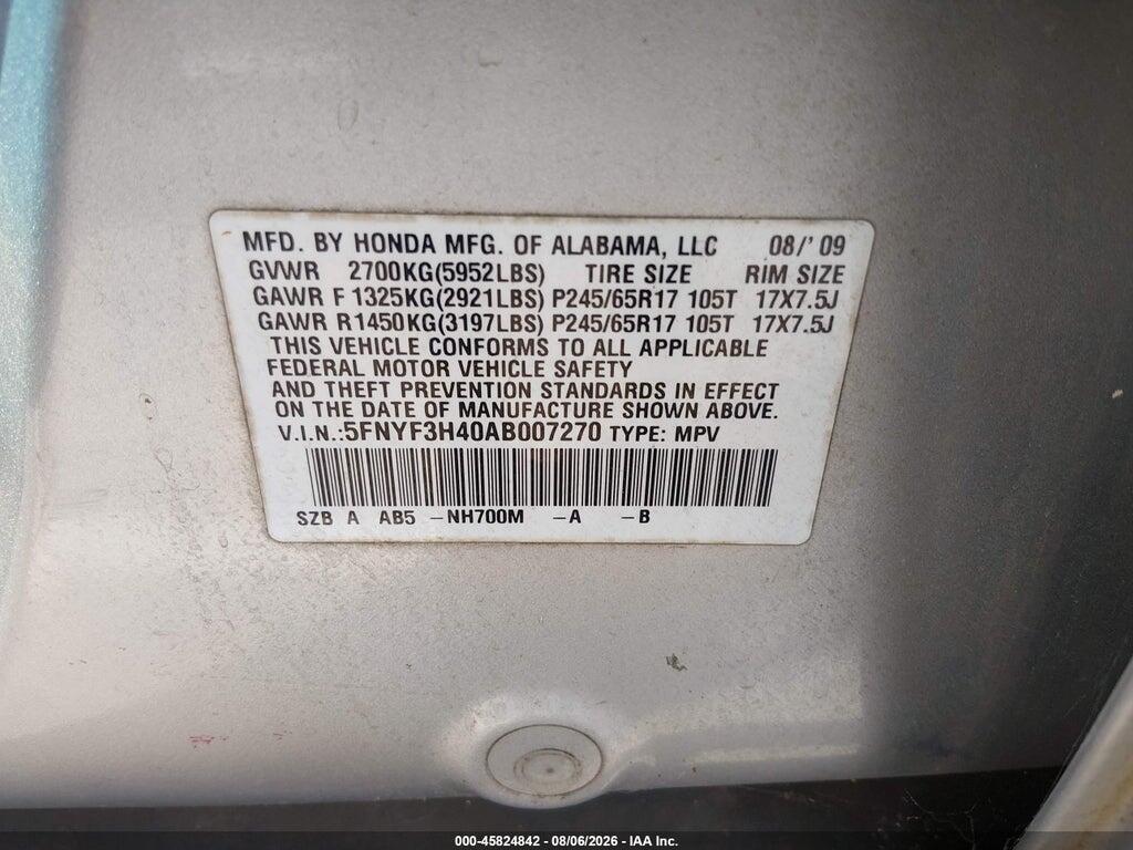 5FNYF3H40AB007270 2010 HONDA PILOT photo no. 9
