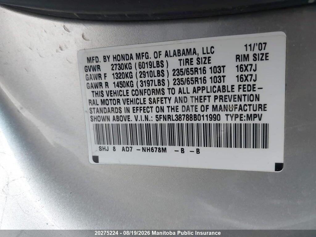 5FNRL38788B011990 2008 HONDA ODYSSEY photo no. 8
