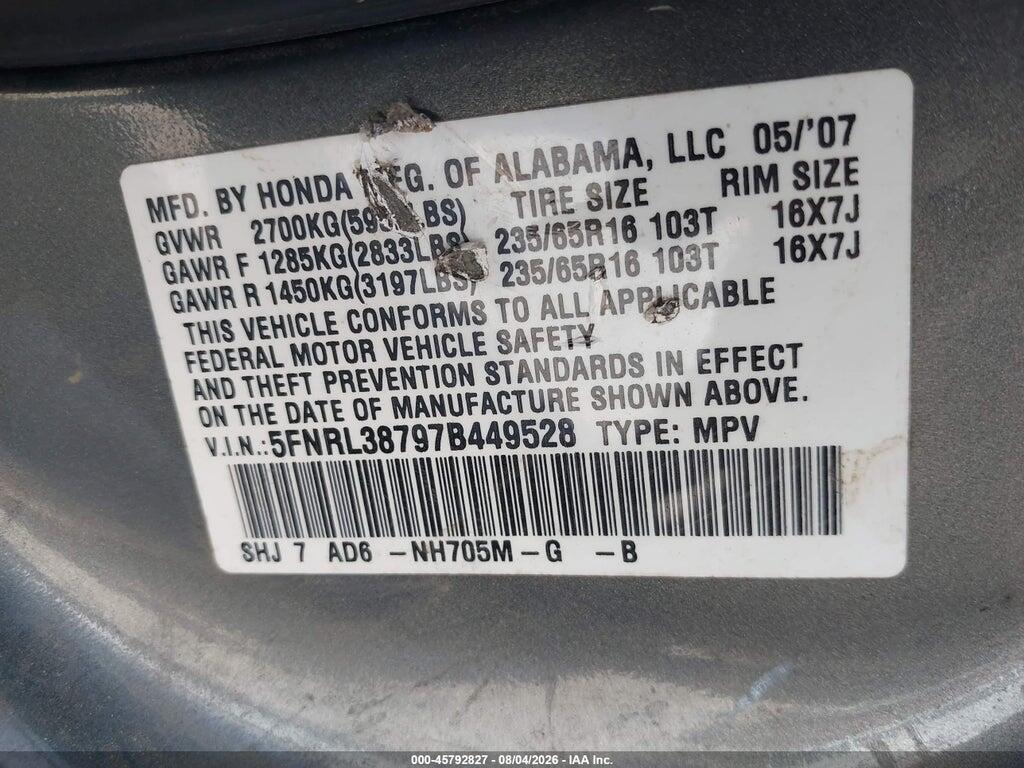 5FNRL38797B449528 2007 HONDA ODYSSEY photo no. 9