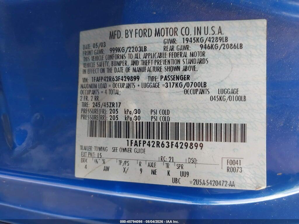 1FAFP42R63F429899 2003 FORD MUSTANG photo no. 9