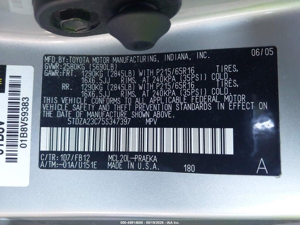5TDZA23C75S347397 2005 TOYOTA SIENNA photo no. 9