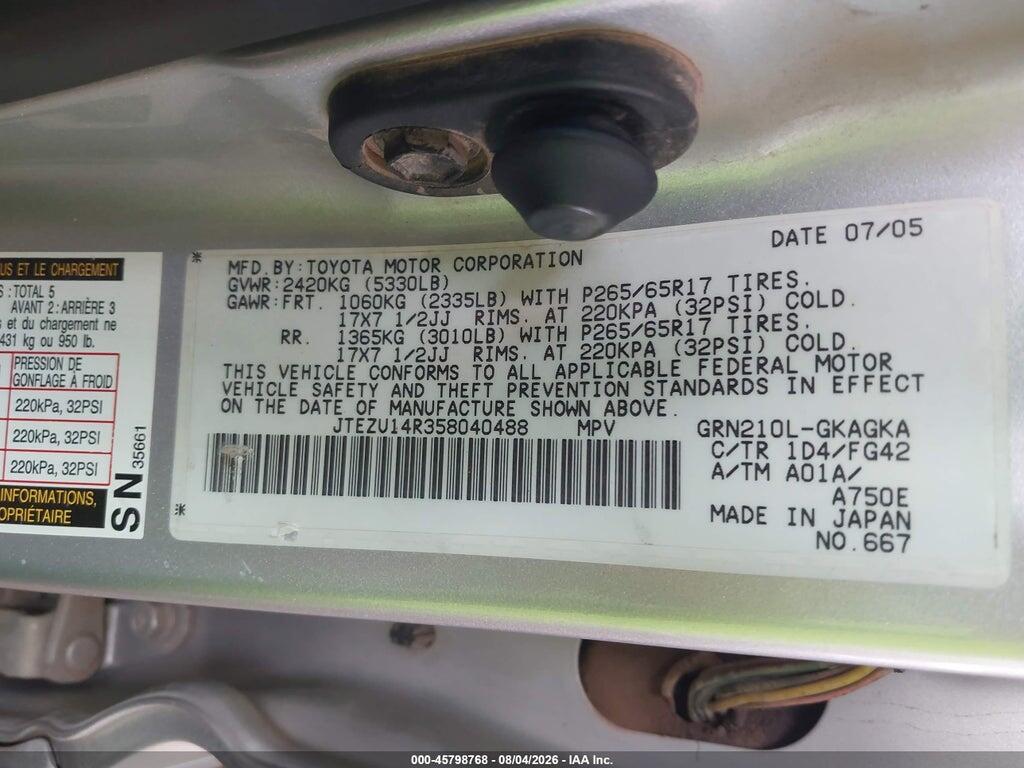 JTEZU14R358040488 2005 TOYOTA 4RUNNER photo no. 9