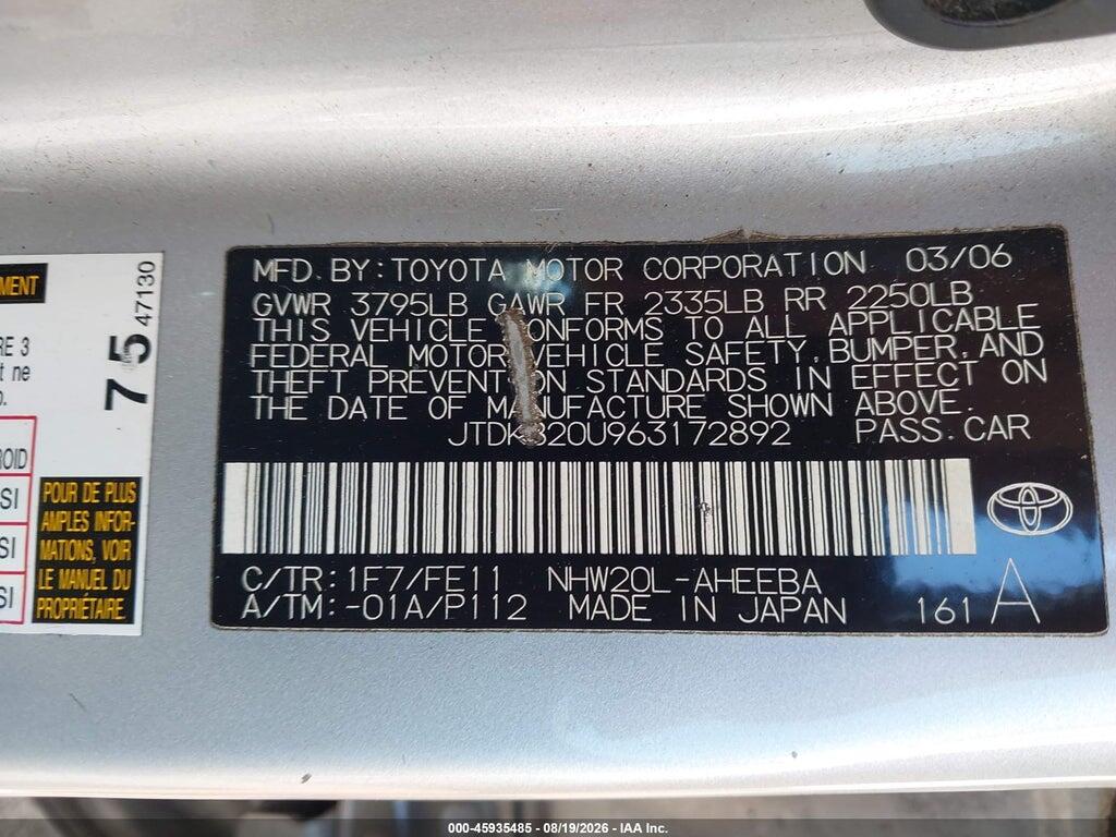 JTDKB20U963172892 2006 TOYOTA PRIUS photo no. 9