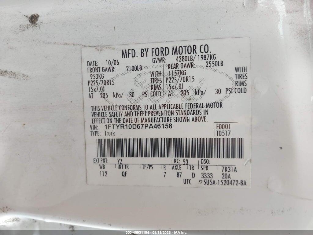 1FTYR10D67PA46158 2007 FORD RANGER photo no. 9