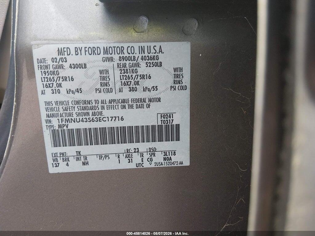 1FMNU43S63EC17716 2003 FORD EXCURSION photo no. 9