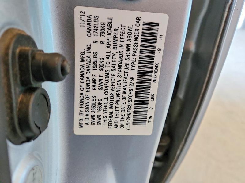 2HGFB2F5XCH612758 2012 HONDA CIVIC photo no. 12