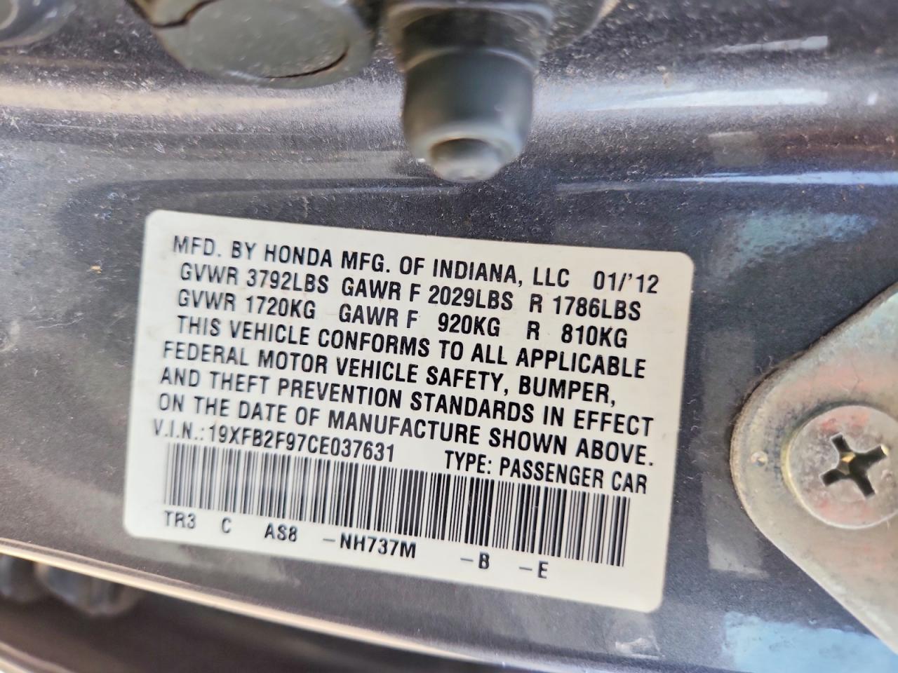 19XFB2F97CE037631 2012 HONDA CIVIC photo no. 12