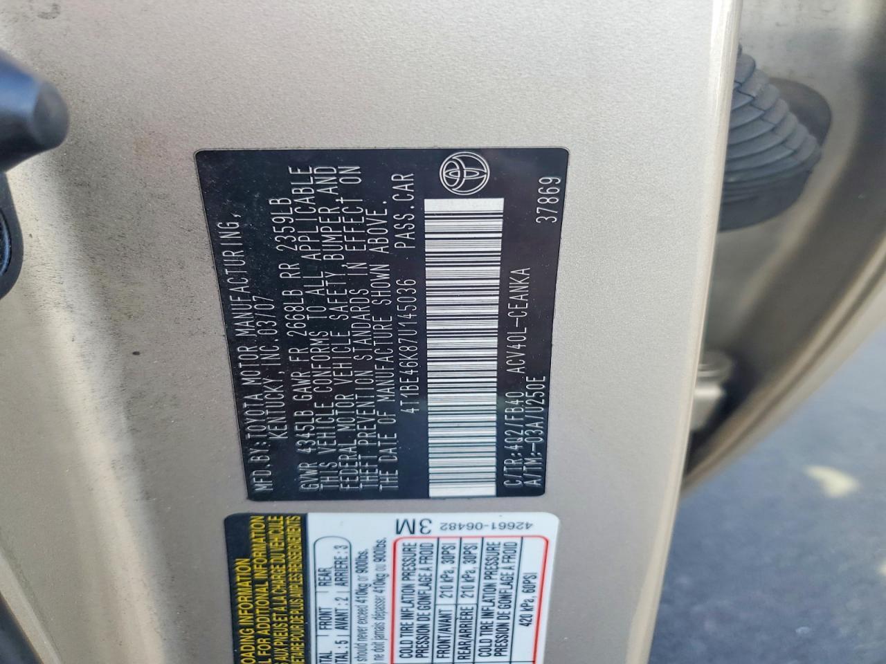 2007 TOYOTA CAMRY LE — Фото 12 из 12