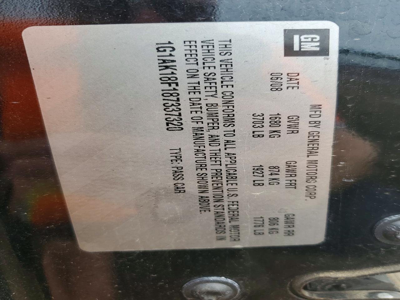 1G1AK18F187337320 2008 CHEVROLET COBALT photo no. 12