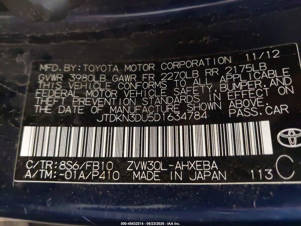 JTDKN3DU5D1634784 2013 TOYOTA PRIUS photo no. 9
