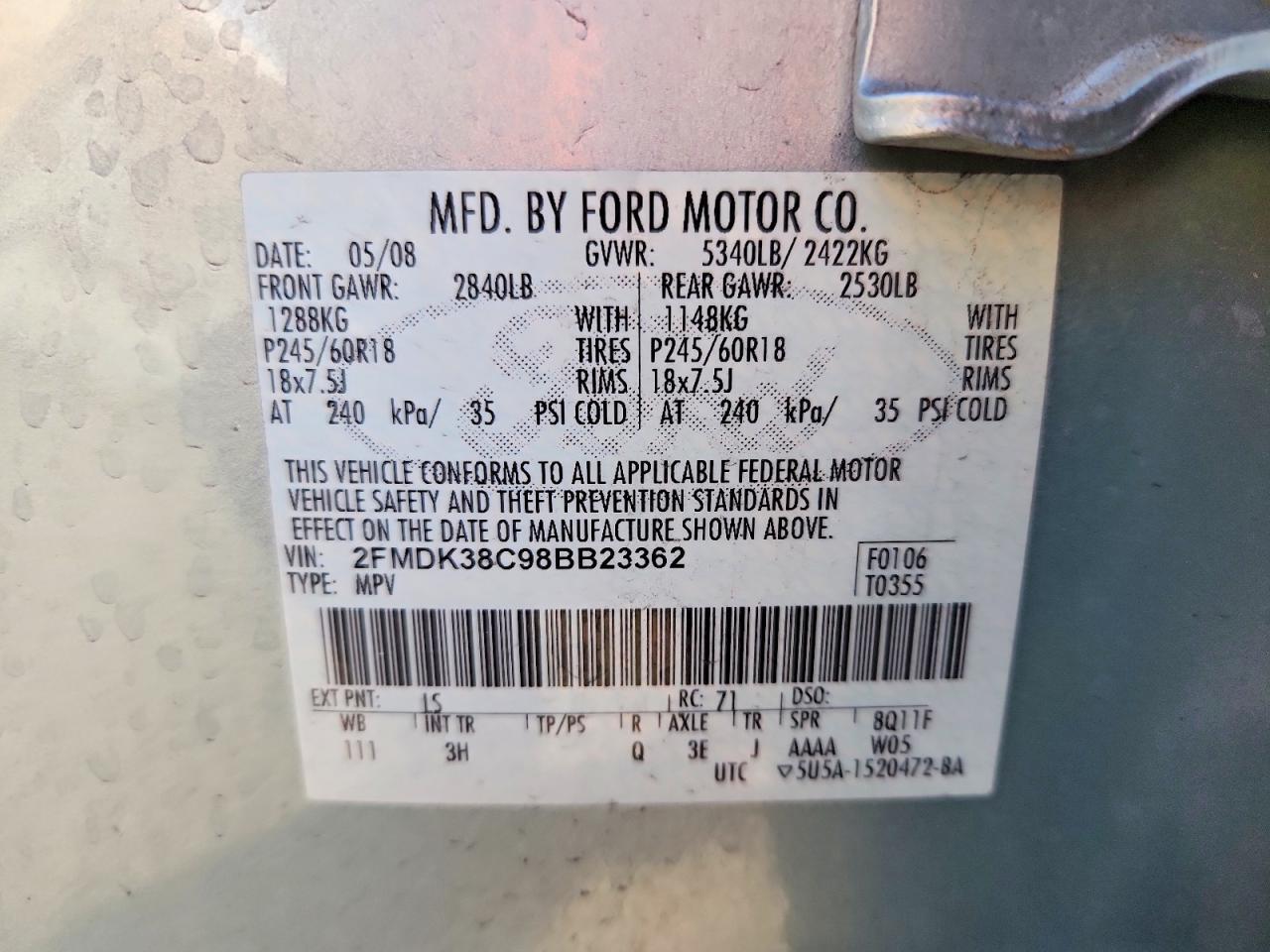 2FMDK38C98BB23362 2008 FORD EDGE photo no. 12