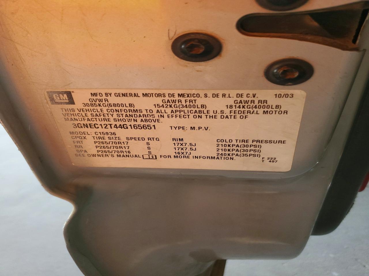 3GNEC12T44G165651 2004 CHEVROLET AVALANCHE photo no. 12