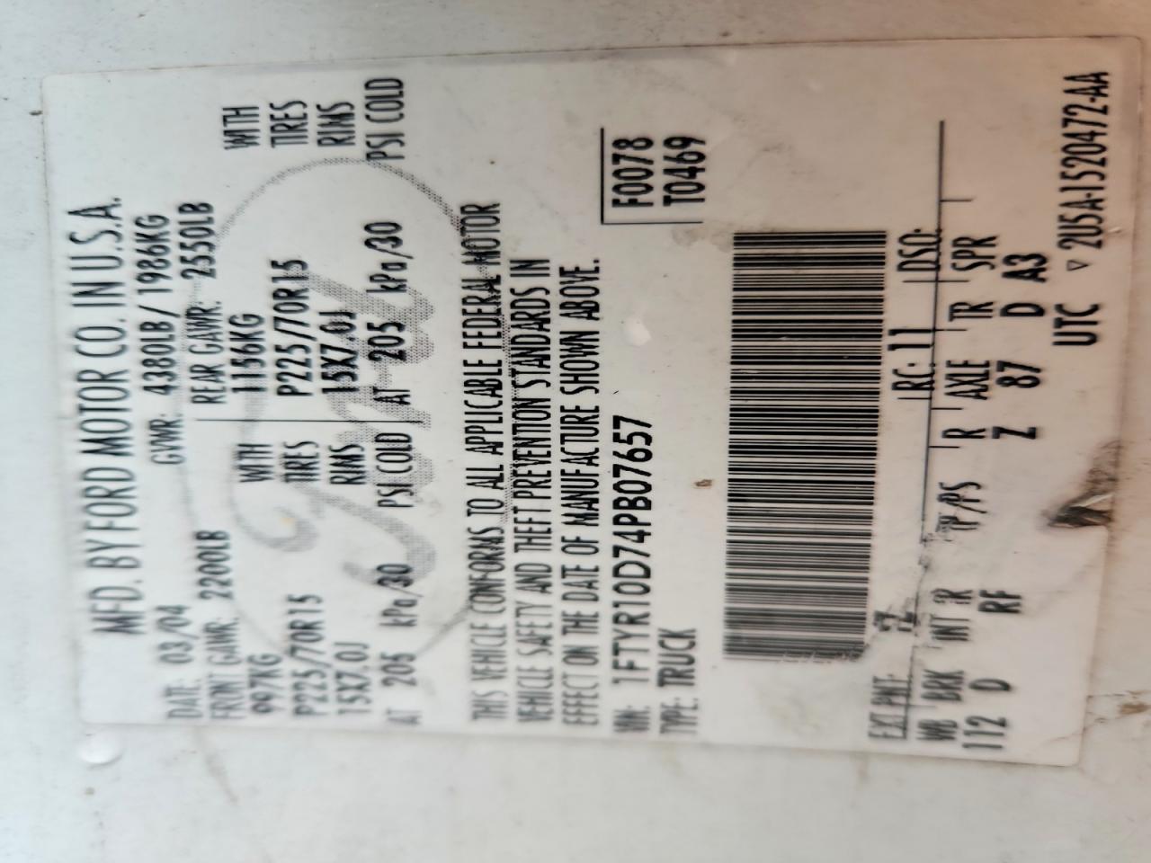 1FTYR10D74PB07657 2004 FORD RANGER photo no. 12