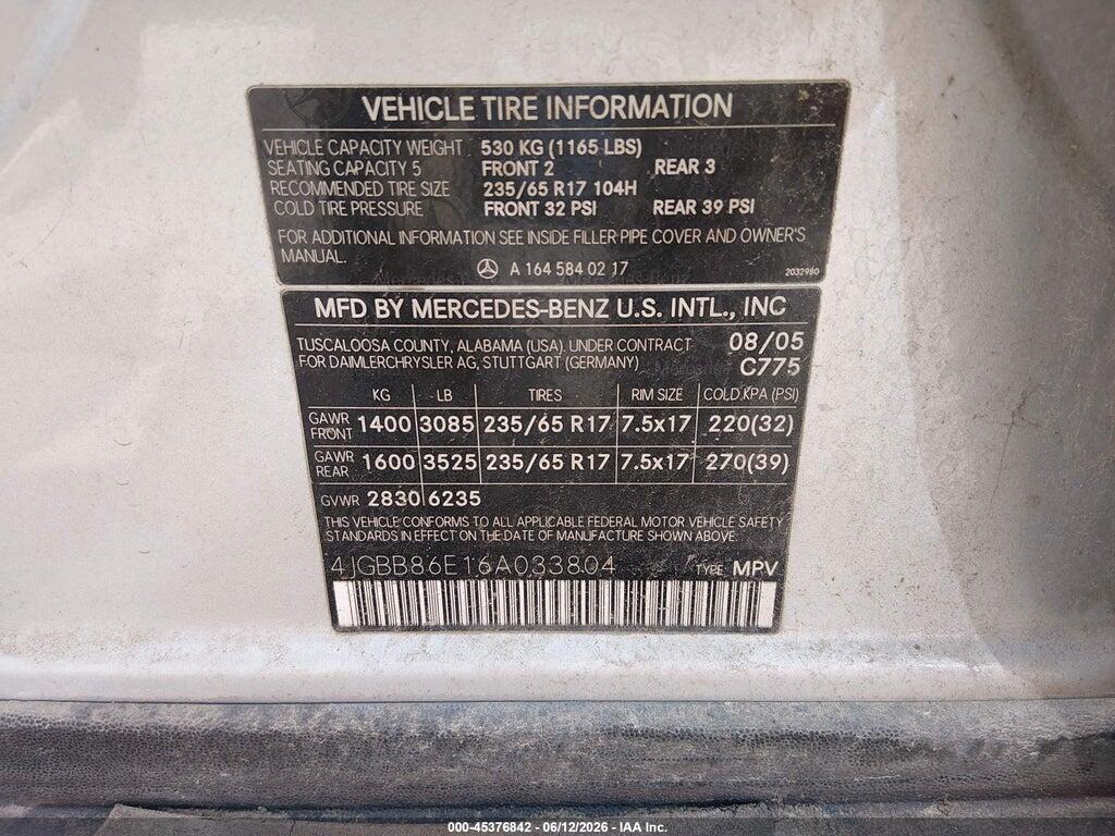 4JGBB86E16A033804 2006 MERCEDES-BENZ ML 350 photo no. 9