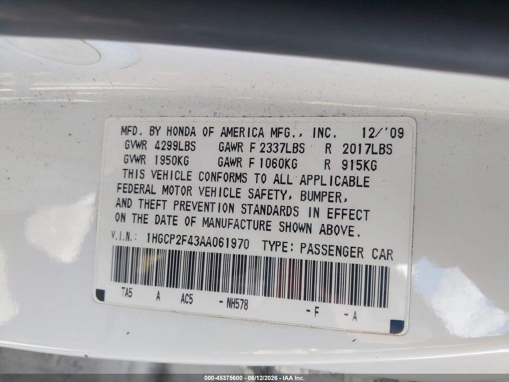 1HGCP2F43AA061970 2010 HONDA ACCORD photo no. 9