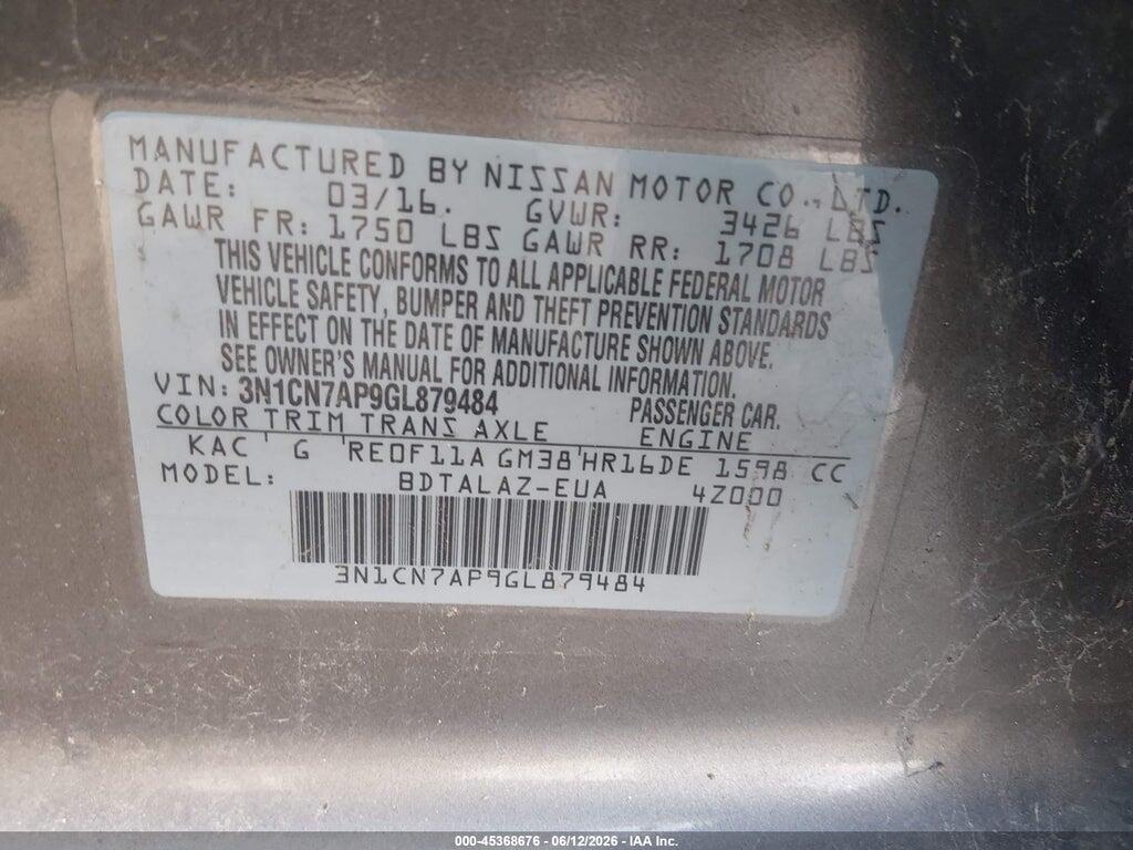 3N1CN7AP9GL879484 2016 NISSAN VERSA photo no. 9