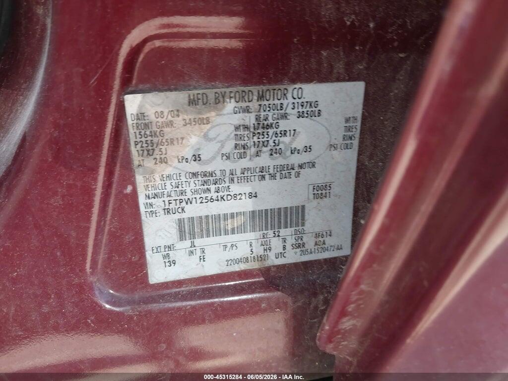1FTPW12564KD82184 2004 FORD F-150 photo no. 9