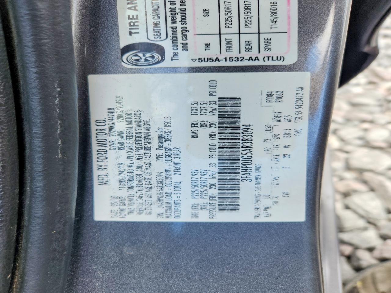 3FAHP0JG5AR383094 2010 FORD FUSION photo no. 12