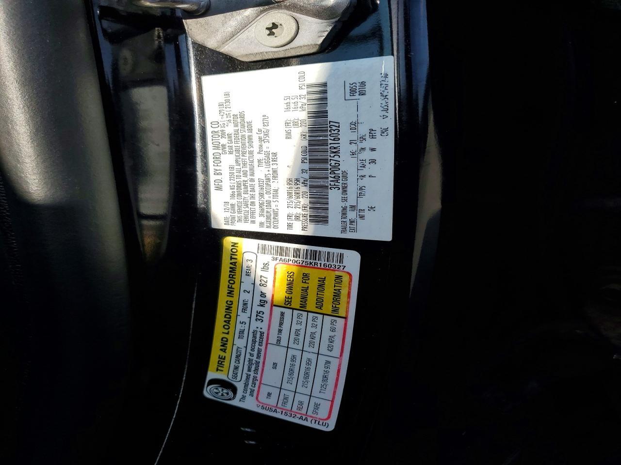 3FA6P0G75KR160327 2019 FORD FUSION photo no. 12