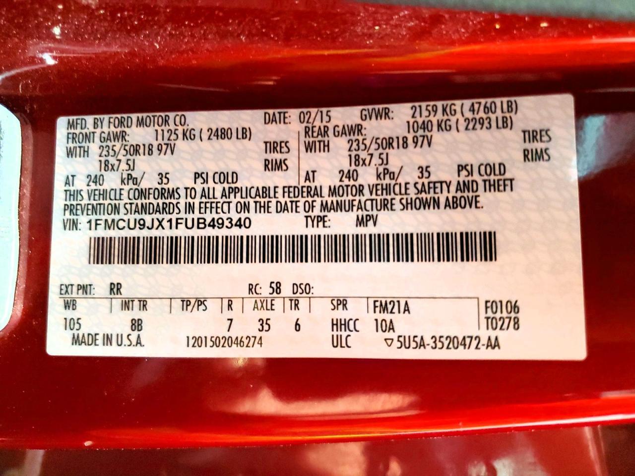 2015 FORD ESCAPE TITANIUM — Фото 13 из 13
