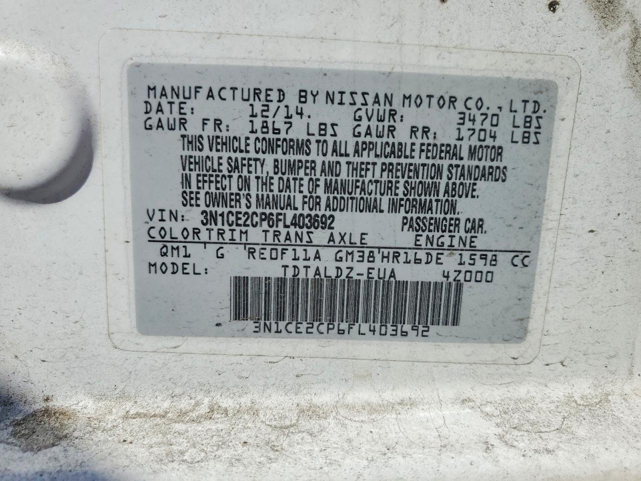 3N1CE2CP6FL403692 2015 NISSAN VERSA NOTE photo no. 12
