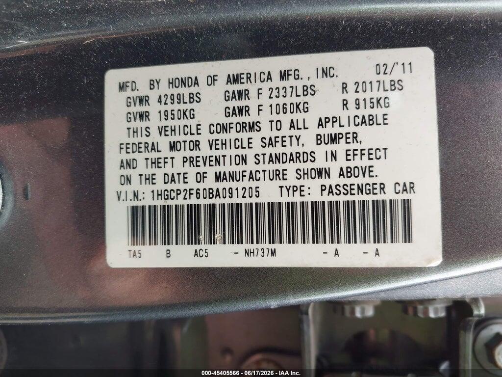 1HGCP2F60BA091205 2011 HONDA ACCORD photo no. 9