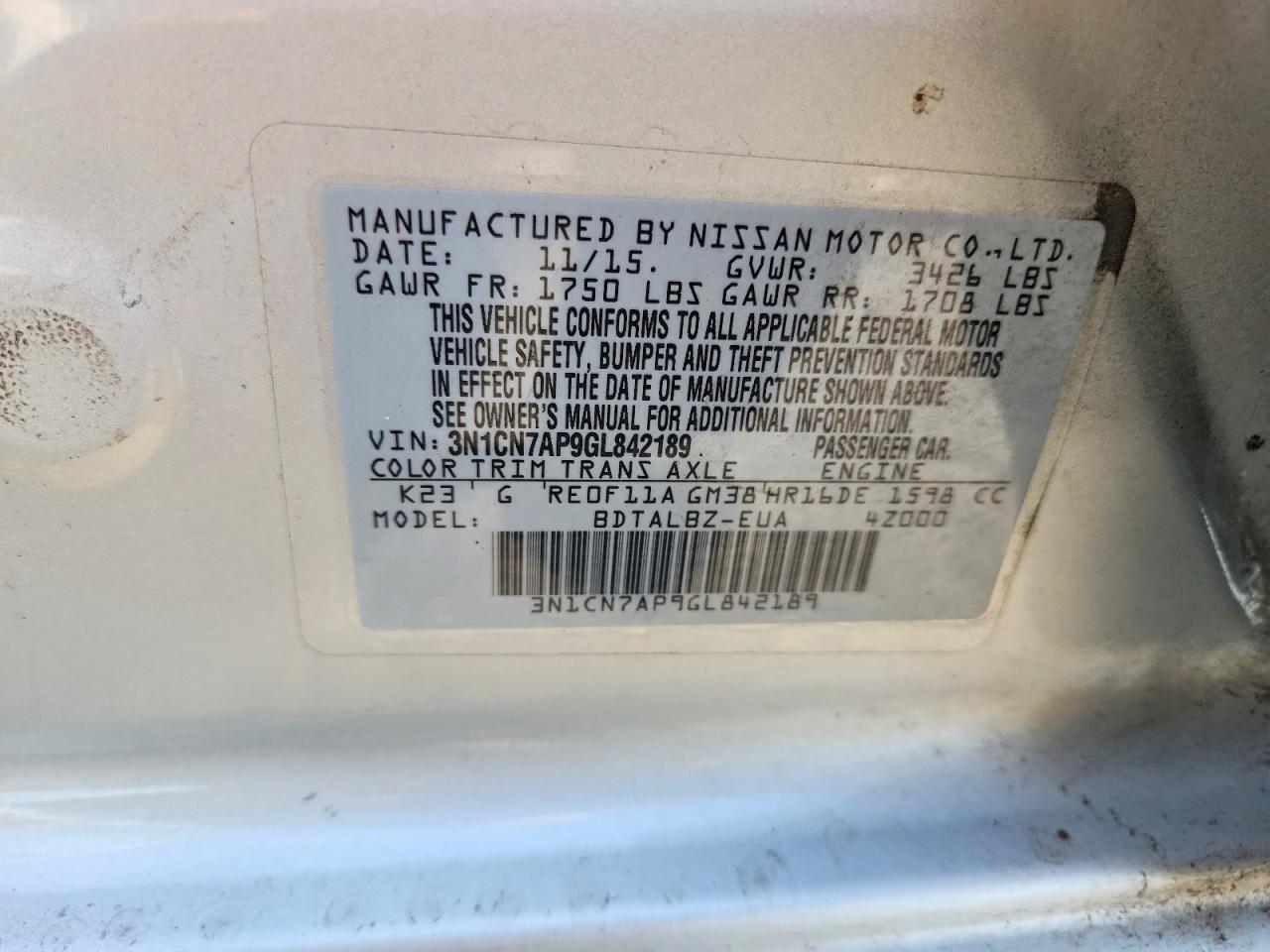 3N1CN7AP9GL842189 2016 NISSAN VERSA photo no. 12