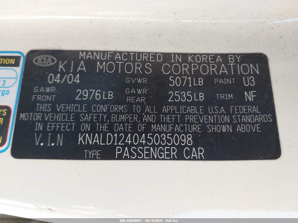 KNALD124045035098 2004 KIA AMANTI photo no. 9