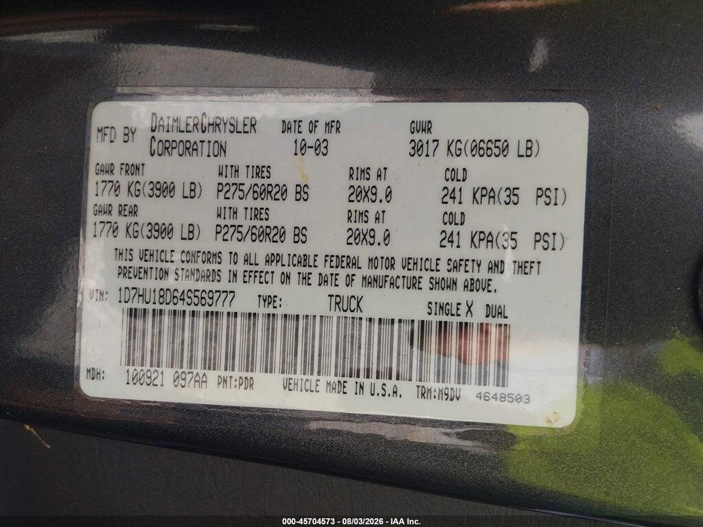 1D7HU18D64S569777 2004 DODGE RAM 1500 photo no. 9