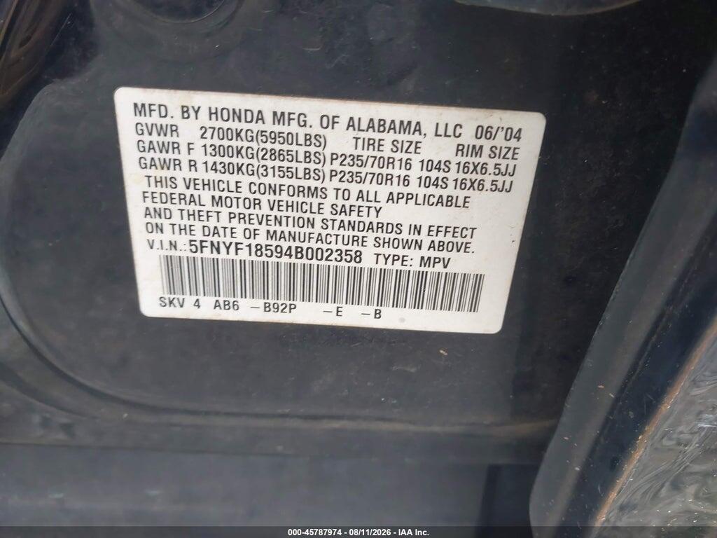 5FNYF18594B002358 2004 HONDA PILOT photo no. 9