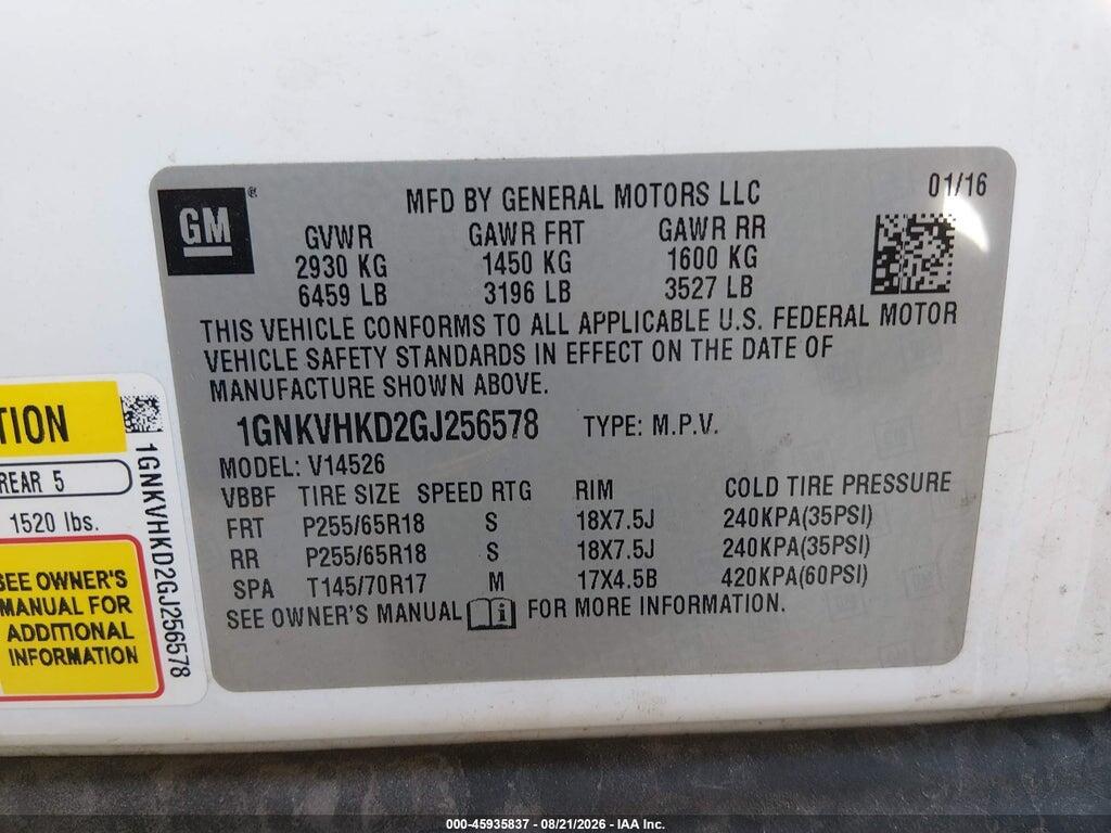 1GNKVHKD2GJ256578 2016 CHEVROLET TRAVERSE photo no. 9